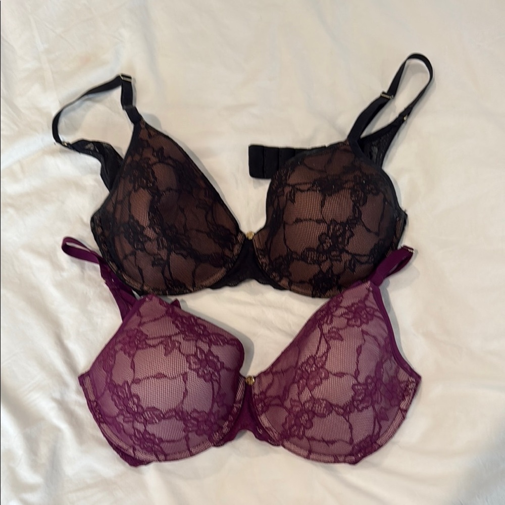 Lace Underwire Natori Bra Set - Black and Purple
